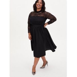 WORN ONCE Torrid Black Lace Mock Neck Skater Midi Dress plus size 16 long sleeve